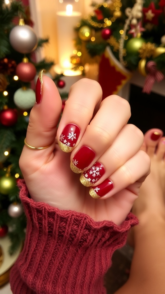 Elegant Christmas nails with red polish and snowflake designs, alongside a matching pedicure.